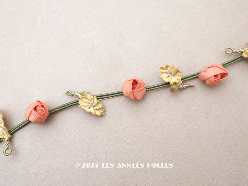 画像1: アンティーク シルク製 薔薇のロココトリム 70cm オールドローズ ロココリボン 
