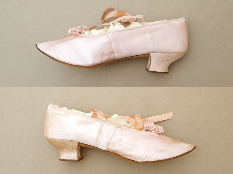 画像14: 1900年頃 アンティーク リボン付きシューズ パウダーピンクのシルクサテン 