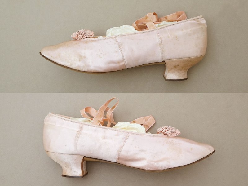 画像8: 1900年頃 アンティーク リボン付きシューズ パウダーピンクのシルクサテン 