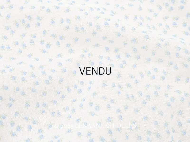 画像1: 未使用 アンティーク 小さな薔薇模様のファブリック ホワイト＆ブルー 70×55m
