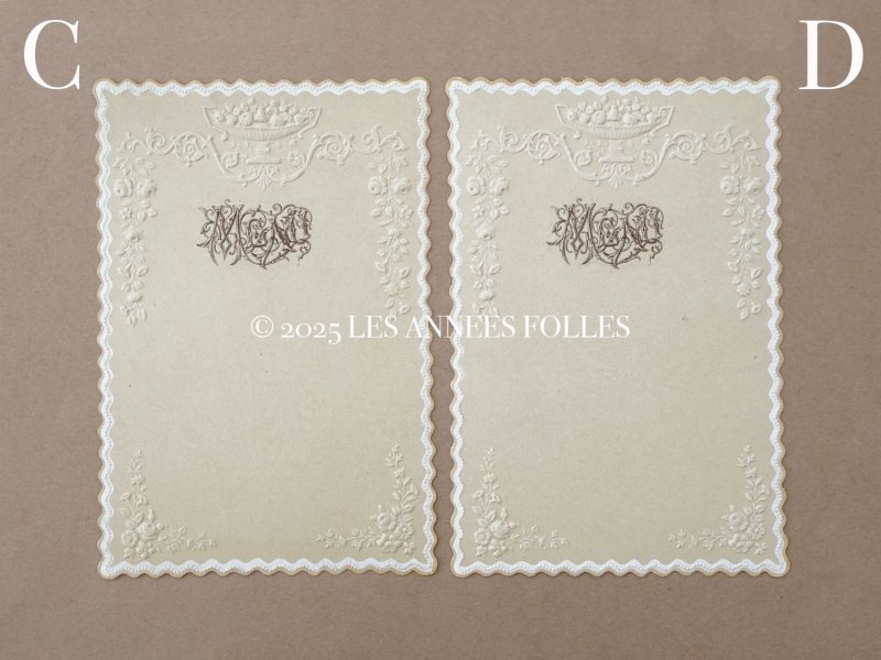 画像9: 未使用 アンティーク メニューカード モノグラム&薔薇のガーランド エンボス加工 