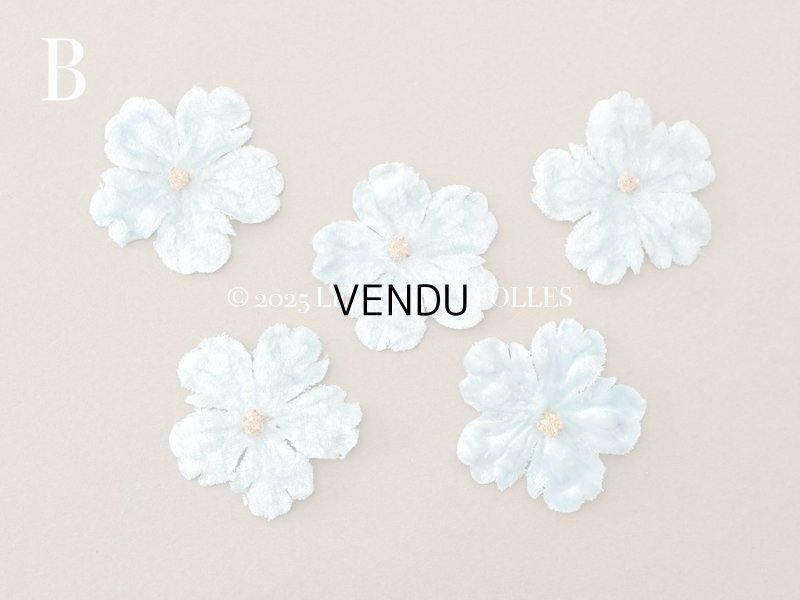 画像5: アンティーク 布花材料 ベルベットの花びら 花芯付き 5ピースのセット 約4cm 布花 アイスブルー