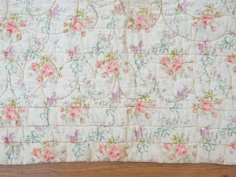 画像21: アンティーク シルク製 ベッドカバー ピンクの薔薇＆ブルーのリボン 118×170cm