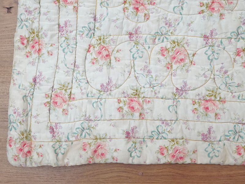 画像20: アンティーク シルク製 ベッドカバー ピンクの薔薇＆ブルーのリボン 118×170cm