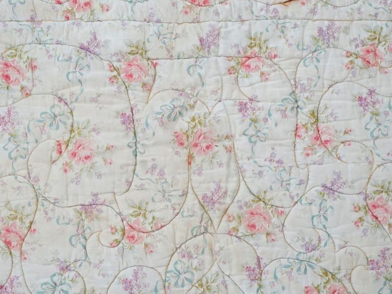 画像13: アンティーク シルク製 ベッドカバー ピンクの薔薇＆ブルーのリボン 118×170cm