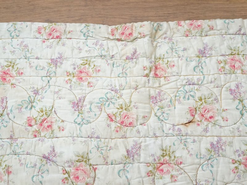 画像10: アンティーク シルク製 ベッドカバー ピンクの薔薇＆ブルーのリボン 118×170cm