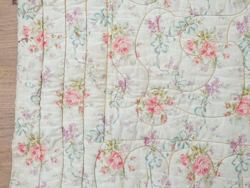 画像18: アンティーク シルク製 ベッドカバー ピンクの薔薇＆ブルーのリボン 118×170cm