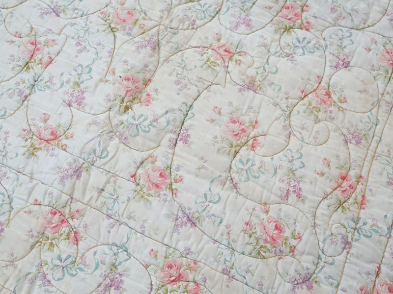 画像34: アンティーク シルク製 ベッドカバー ピンクの薔薇＆ブルーのリボン 118×170cm