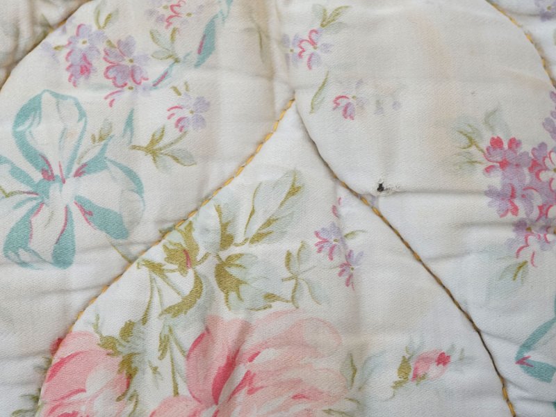 画像31: アンティーク シルク製 ベッドカバー ピンクの薔薇＆ブルーのリボン 118×170cm