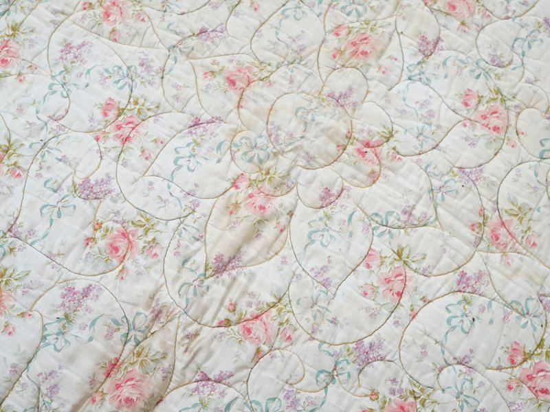 画像8: アンティーク シルク製 ベッドカバー ピンクの薔薇＆ブルーのリボン 118×170cm