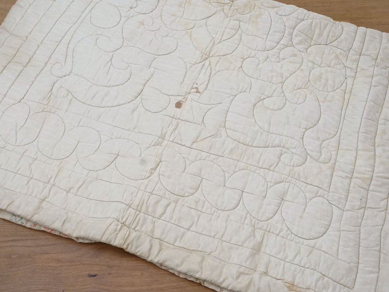 画像35: アンティーク シルク製 ベッドカバー ピンクの薔薇＆ブルーのリボン 118×170cm