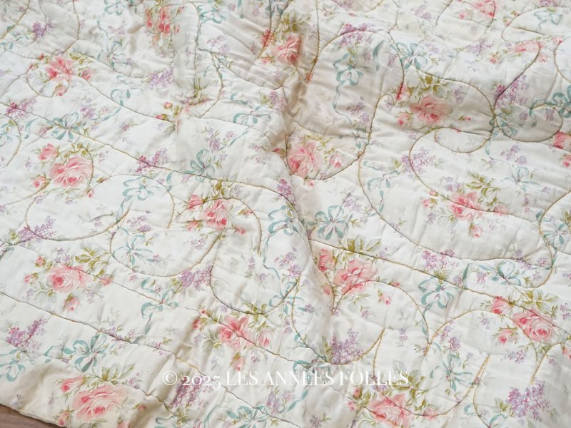 画像1: アンティーク シルク製 ベッドカバー ピンクの薔薇＆ブルーのリボン 118×170cm