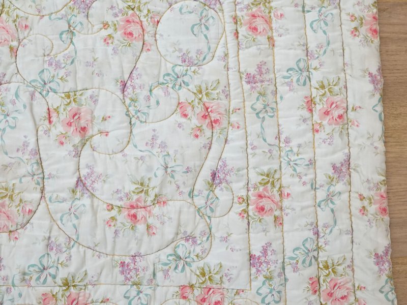 画像19: アンティーク シルク製 ベッドカバー ピンクの薔薇＆ブルーのリボン 118×170cm