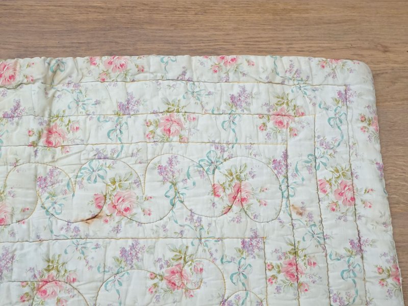 画像11: アンティーク シルク製 ベッドカバー ピンクの薔薇＆ブルーのリボン 118×170cm