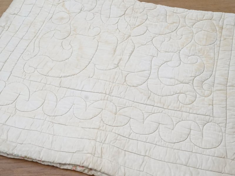 画像40: アンティーク シルク製 ベッドカバー ピンクの薔薇＆ブルーのリボン 118×170cm