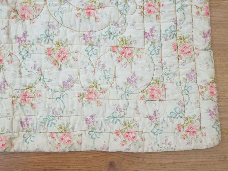 画像22: アンティーク シルク製 ベッドカバー ピンクの薔薇＆ブルーのリボン 118×170cm