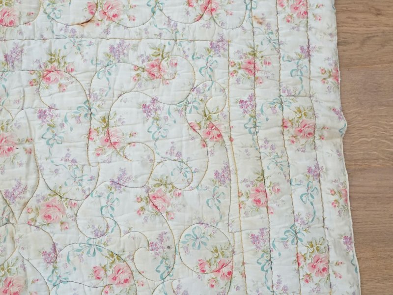 画像14: アンティーク シルク製 ベッドカバー ピンクの薔薇＆ブルーのリボン 118×170cm