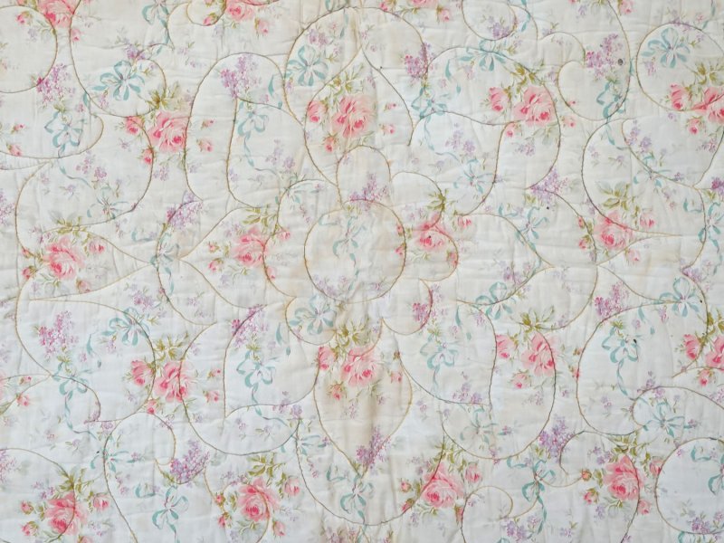 画像16: アンティーク シルク製 ベッドカバー ピンクの薔薇＆ブルーのリボン 118×170cm