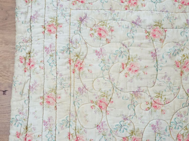 画像12: アンティーク シルク製 ベッドカバー ピンクの薔薇＆ブルーのリボン 118×170cm