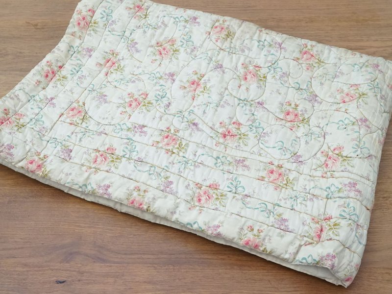 画像3: アンティーク シルク製 ベッドカバー ピンクの薔薇＆ブルーのリボン 118×170cm