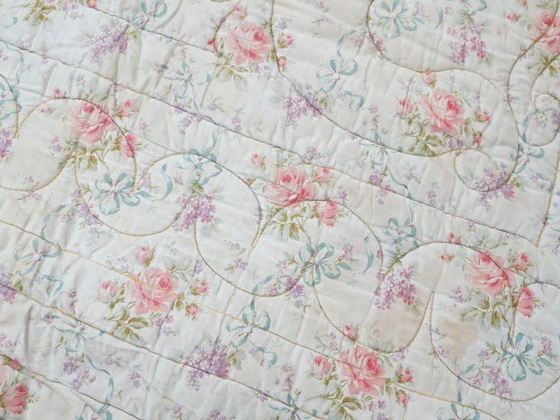 画像33: アンティーク シルク製 ベッドカバー ピンクの薔薇＆ブルーのリボン 118×170cm