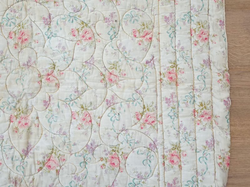 画像17: アンティーク シルク製 ベッドカバー ピンクの薔薇＆ブルーのリボン 118×170cm