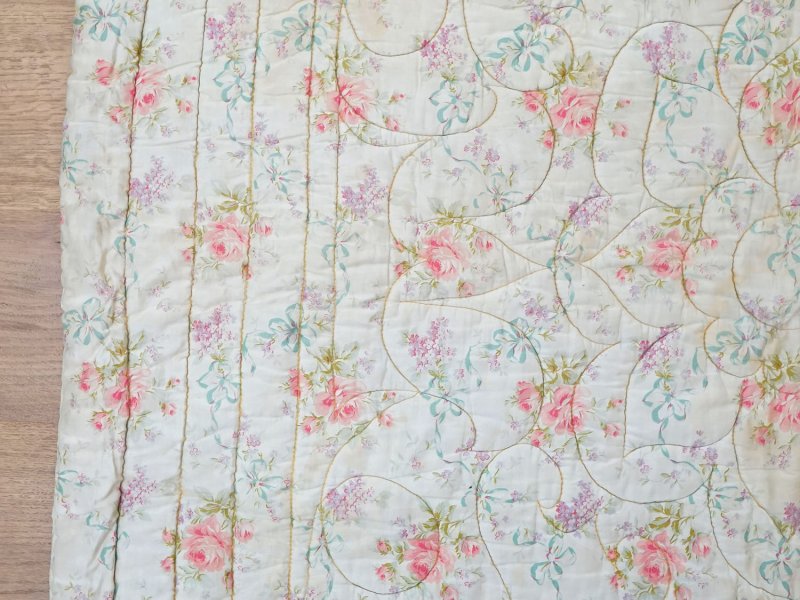 画像15: アンティーク シルク製 ベッドカバー ピンクの薔薇＆ブルーのリボン 118×170cm