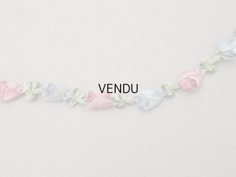画像2: アンティーク シルク製 薔薇のロココトリム 37cm ローズピンク＆スモーキーブルー ロココリボン 