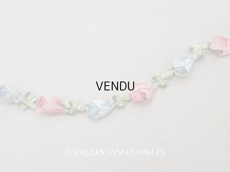 画像1: アンティーク シルク製 薔薇のロココトリム 37cm ローズピンク＆スモーキーブルー ロココリボン 