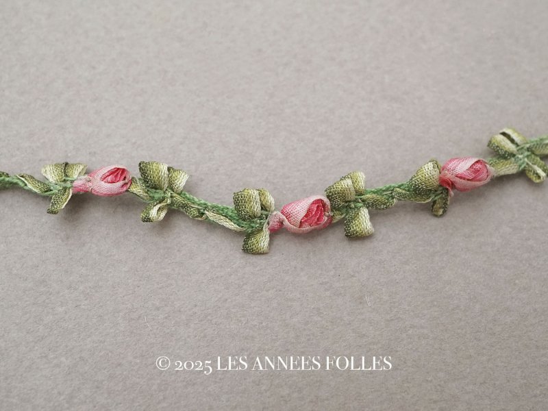画像1: アンティーク とても小さなピンクの薔薇 ロココトリム シルク製 ロココリボン 28cm