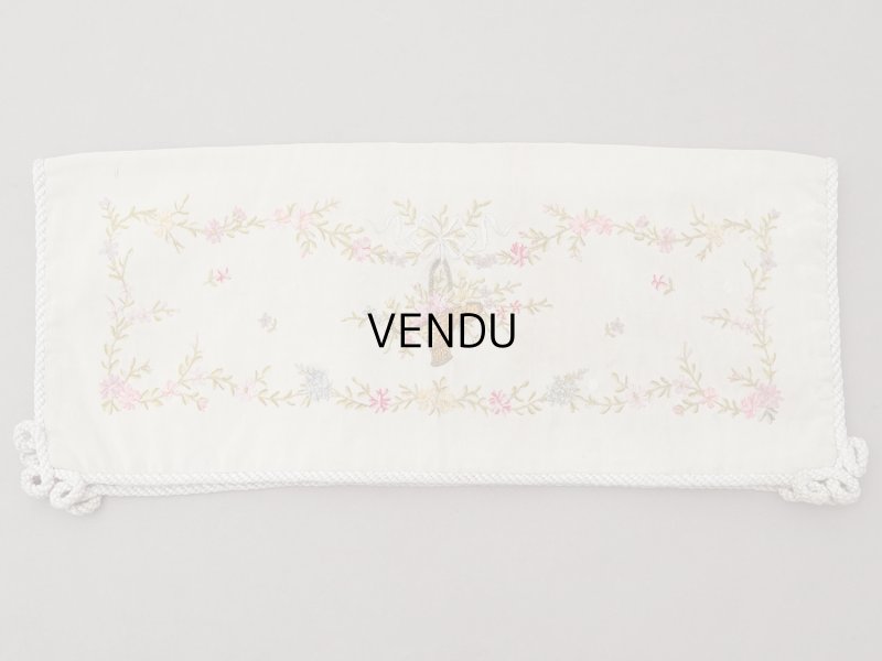 画像3: アンティーク シルク製 花かごのリボン刺繍入り ハンキーケース ハンカチ用ポシェット フラワーバスケット