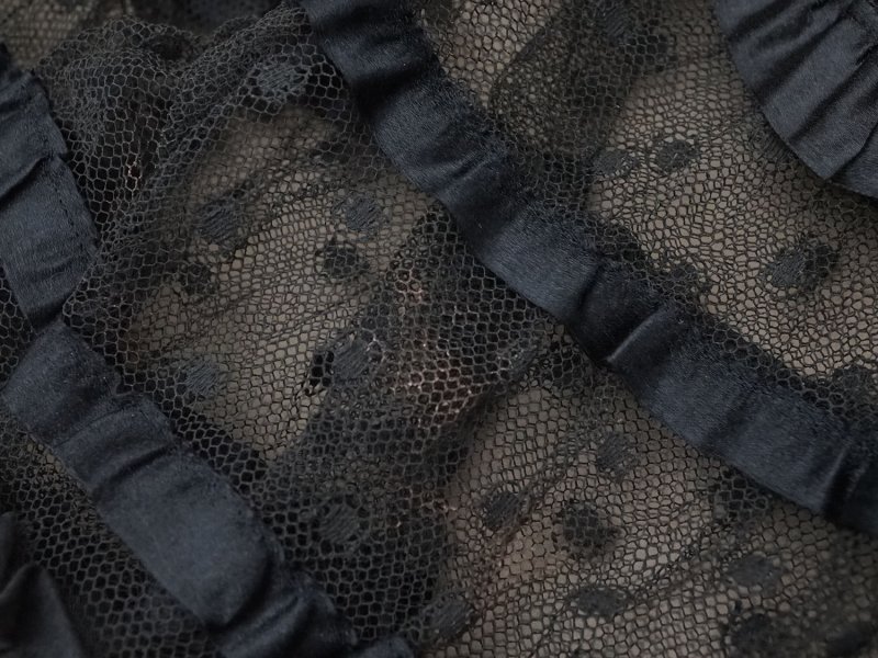 画像10: 1900年頃 アンティーク 47cm幅  ドレスの裾 ドットのチュール&シルクサテンリボン 黒  約430cm