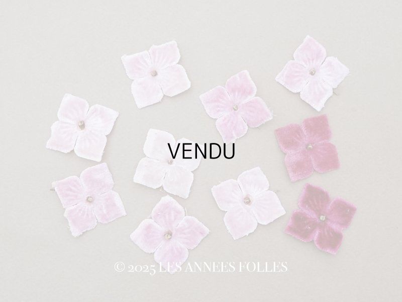 画像1: アンティーク 布花材料 ベルベットの花びら 花芯付き 10ピースのセット 約3cm 布花 ライラックピンク＆赤紫