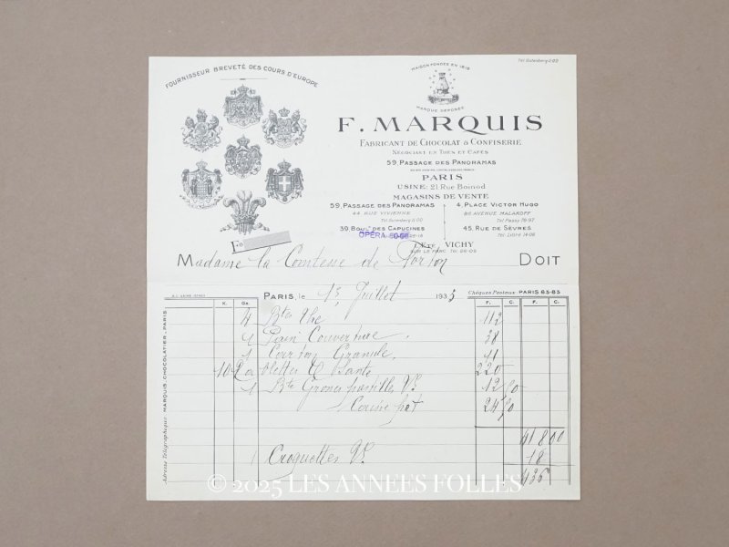 画像1: 1935年 アンティーク 『ショコラ・フランソワ・マルキ』の請求書  - CHOCOLAT FRANCOIS MARQUIS PARIS -