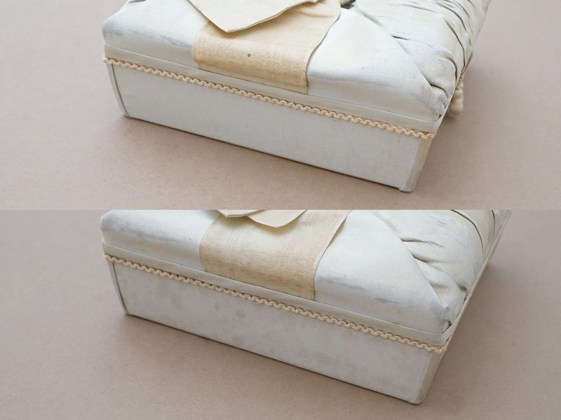 画像6: 19世紀 アンティーク ナポレオン3世時代 大きなリボンが結ばれたお菓子箱 パウダーグリーンのシルクサテン チョコレートボックス