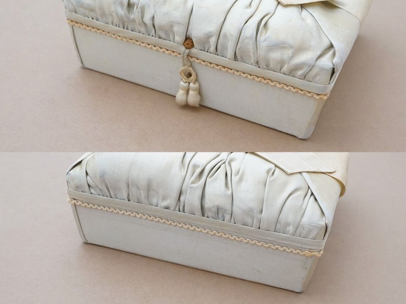 画像5: 19世紀 アンティーク ナポレオン3世時代 大きなリボンが結ばれたお菓子箱 パウダーグリーンのシルクサテン チョコレートボックス