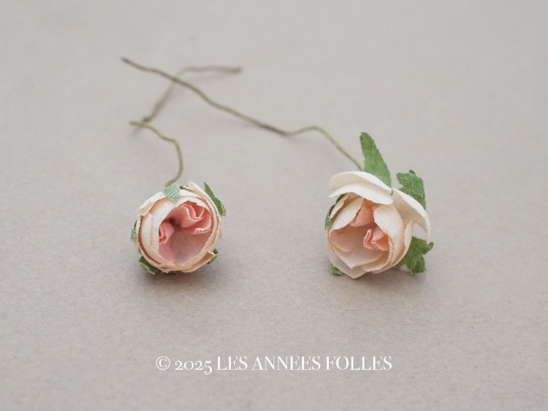 画像1: アンティーク 小さな薔薇の布花 2ピースのセット パウダーピンク ドール用
