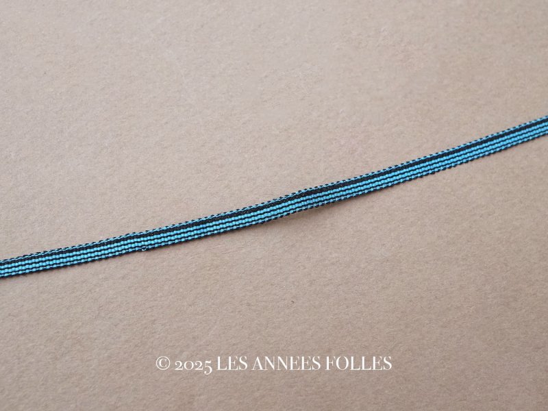 画像1: 未使用 アンティーク 極細3mm シルク製 リボン ストライプ ブルー＆ブラック 
