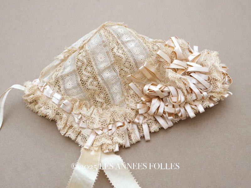 画像1: アンティーク バテム用 ボネ グレイッシュピンクのシルクサテンリボン＆レース ベビー用ボネ