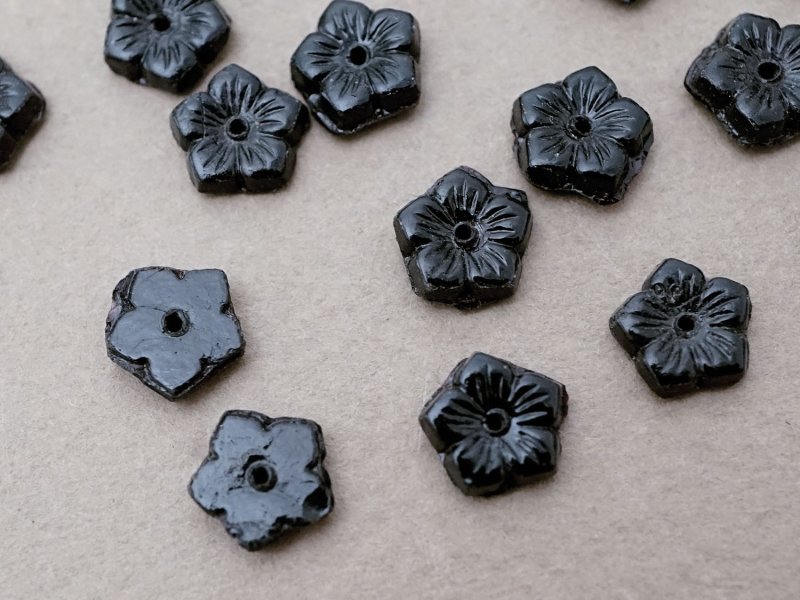 画像6: アンティーク ガラス製 ビーズ 花型 黒 8mm 約20ピースのセット