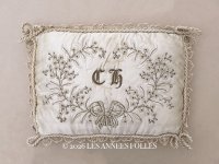 19世紀 アンティーク シルク製 ポシェット リボン＆花のリース【CH】ハンキーケース 