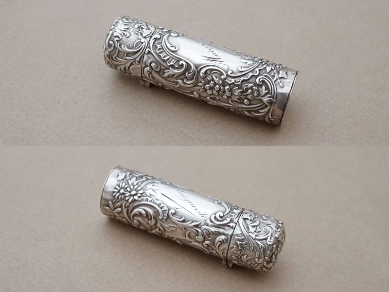 画像3:  アンティーク シルバー製 携帯用 パフュームボトル クリスタルの栓 ロカイユ装飾 花模様 MARQUERITE