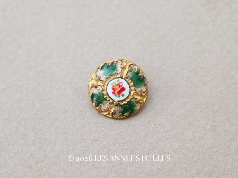 画像1: アンティーク エナメルボタン 薔薇 ハンドペイント グリーン & ゴールドレリーフ 13mm