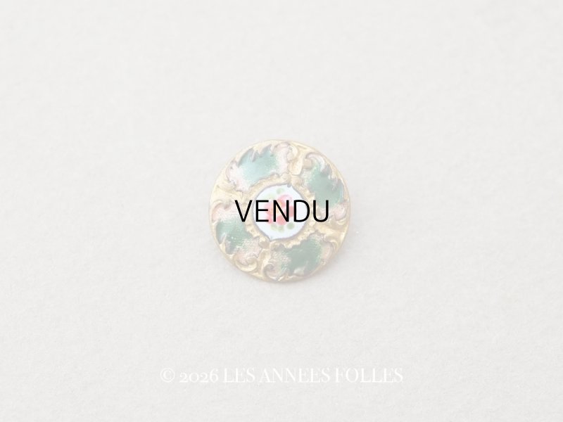 画像1: アンティーク エナメルボタン 薔薇 ハンドペイント グリーン & ゴールドレリーフ 13mm