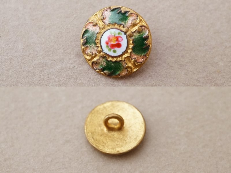 画像2: アンティーク エナメルボタン 薔薇 ハンドペイント グリーン & ゴールドレリーフ 13mm