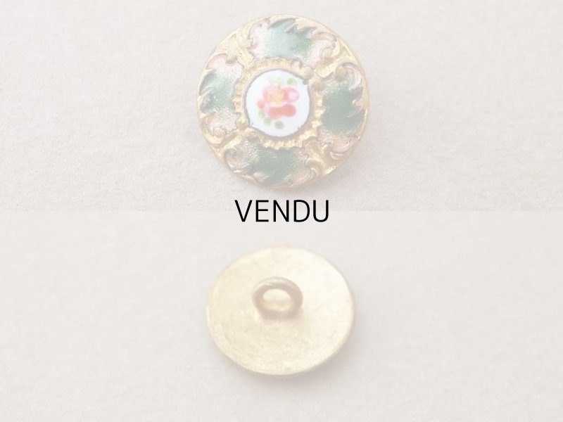 画像2: アンティーク エナメルボタン 薔薇 ハンドペイント グリーン & ゴールドレリーフ 13mm