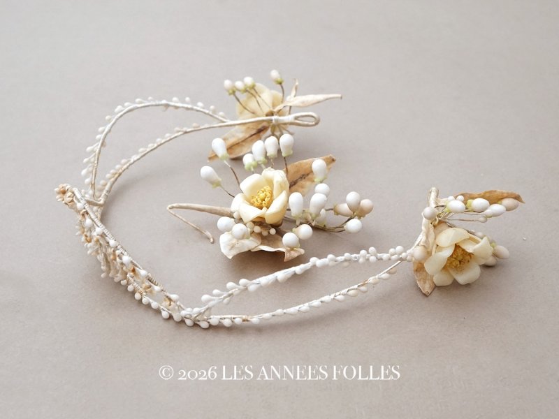 画像1: 1900年頃 アンティーク ワックスフラワー 薔薇のティアラ＆ブートニア ウェディング 結婚式