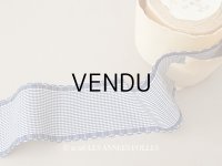 ＊蚤の市＊アンティーク 幅広 ピコットリボン 5.6m ブルー＆オフホワイト 格子柄  7cm幅 PON 217 N 16