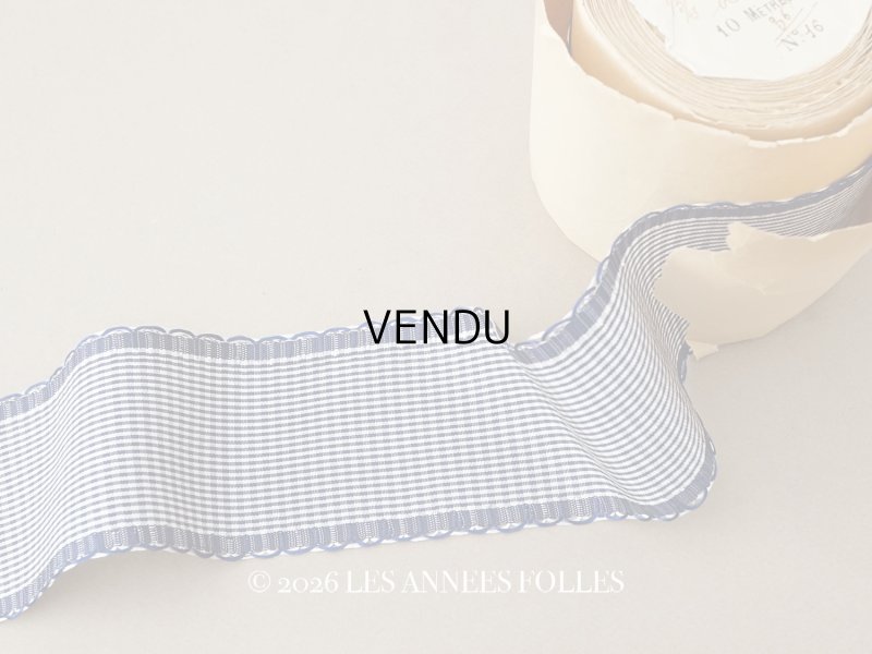 画像1: ＊蚤の市＊アンティーク 幅広 ピコットリボン 5.6m ブルー＆オフホワイト 格子柄  7cm幅 PON 217 N 16