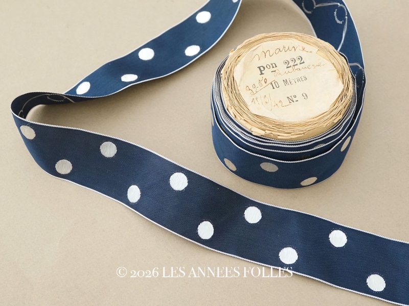 画像1: アンティーク ドット刺繍入りグログランリボン 7.1m 3.6cm幅 ネイビーブルー & ホワイト PON 222 N 9